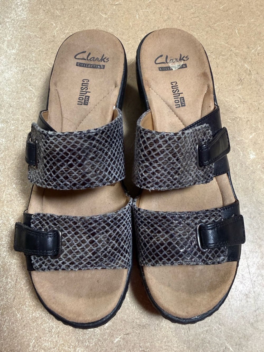 Clarks Two-Strap Snake-Embossed Slide Sandals - Black/Taupe